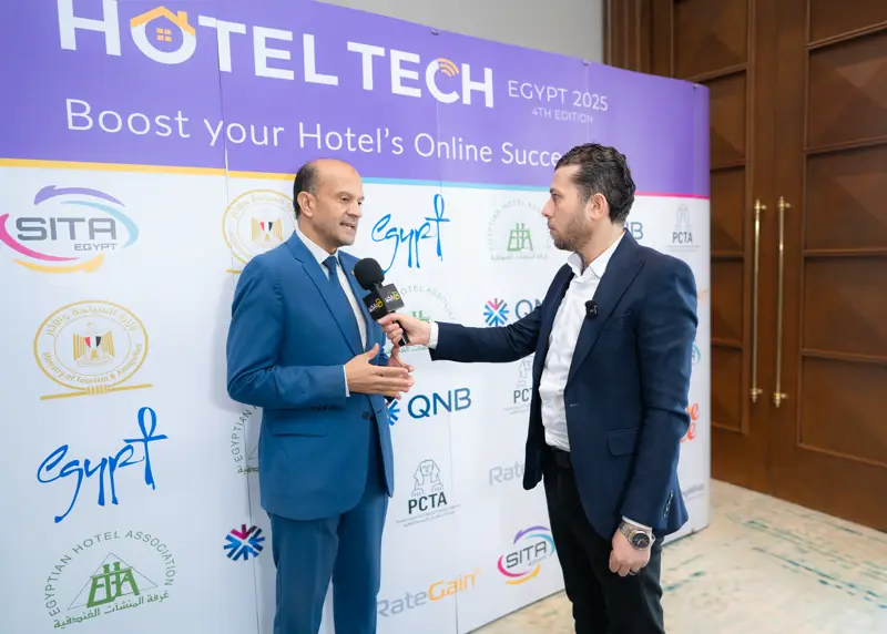 Interview at the Hotel Tech 2025 backdrop